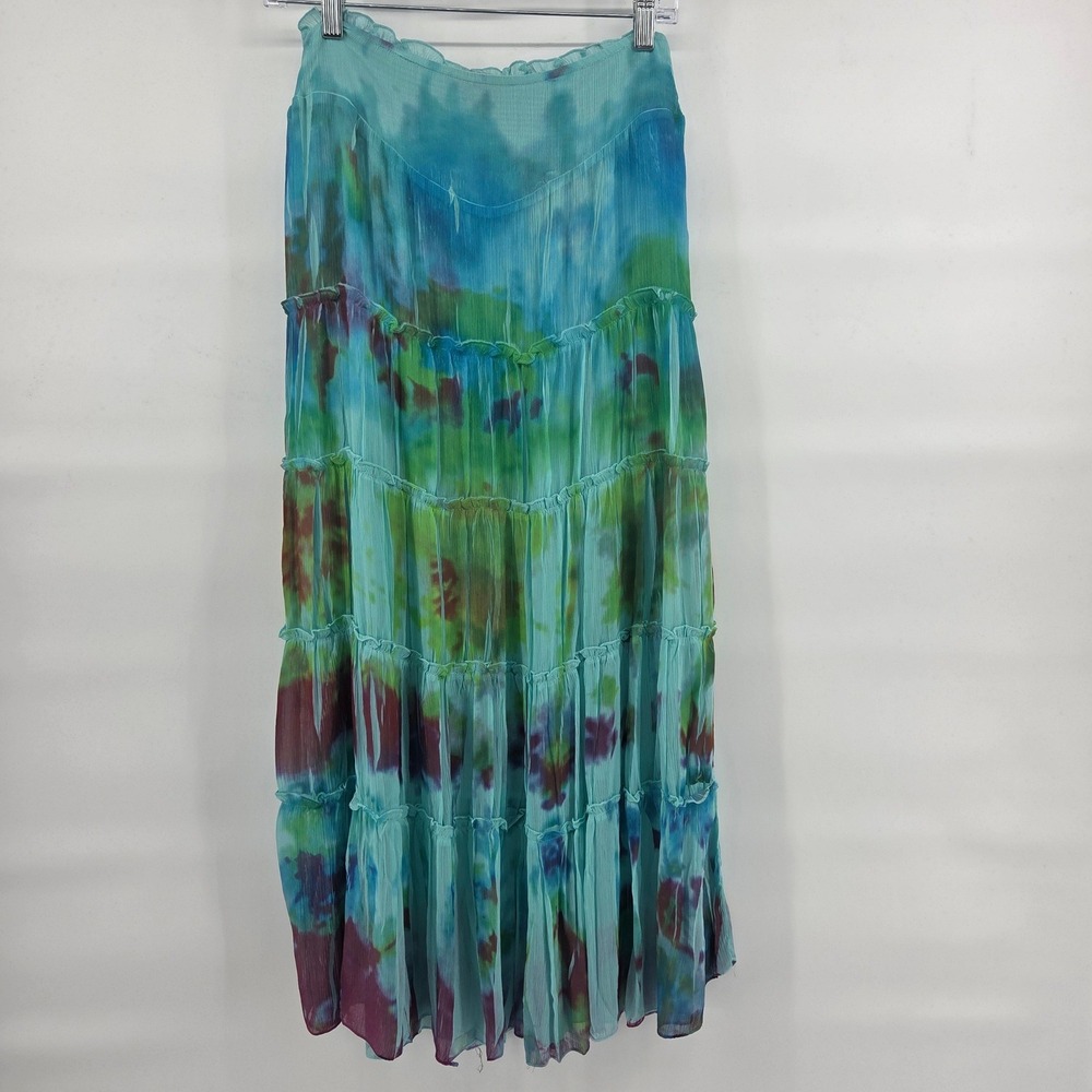 One World Tiered Maxi Skirt One Size Blue‎ Tie Dye Boho Reggae Festival Hippie